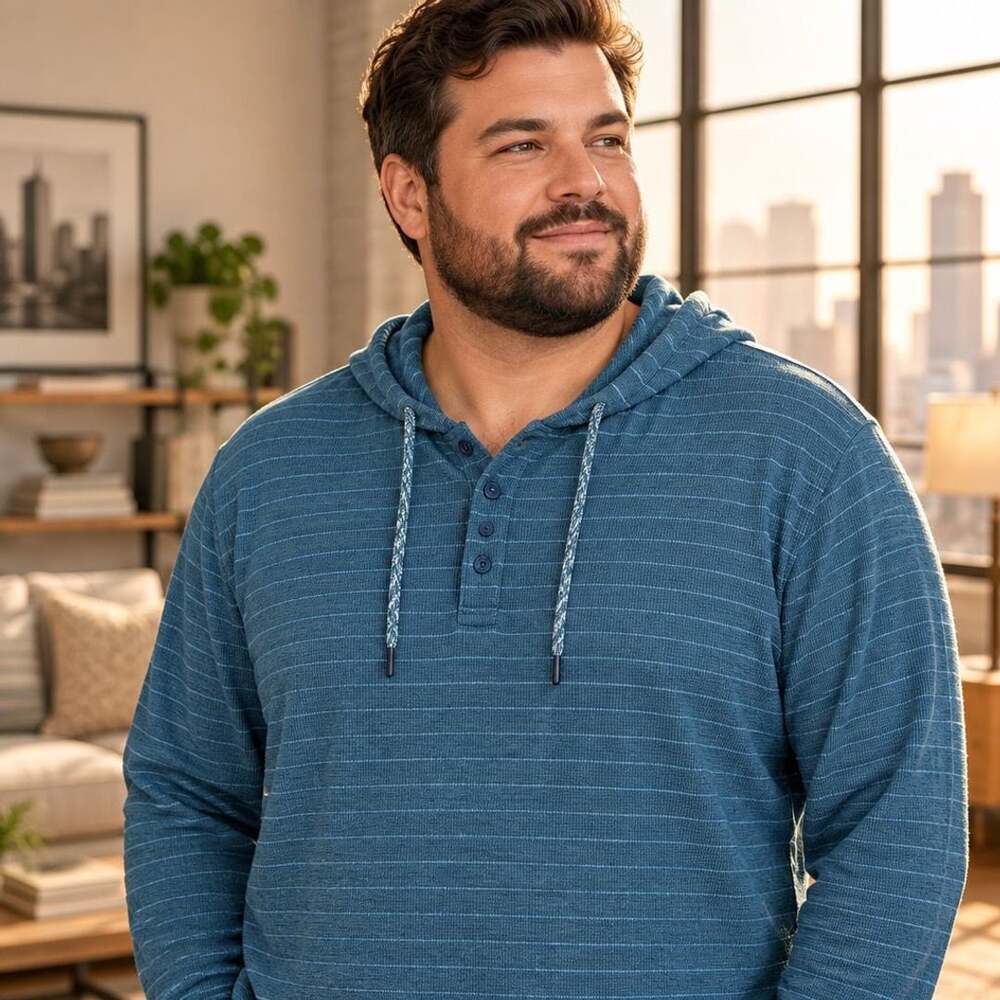 Monument Henley Hoodie Size 4X Blue Striped Thermal Cotton Blend